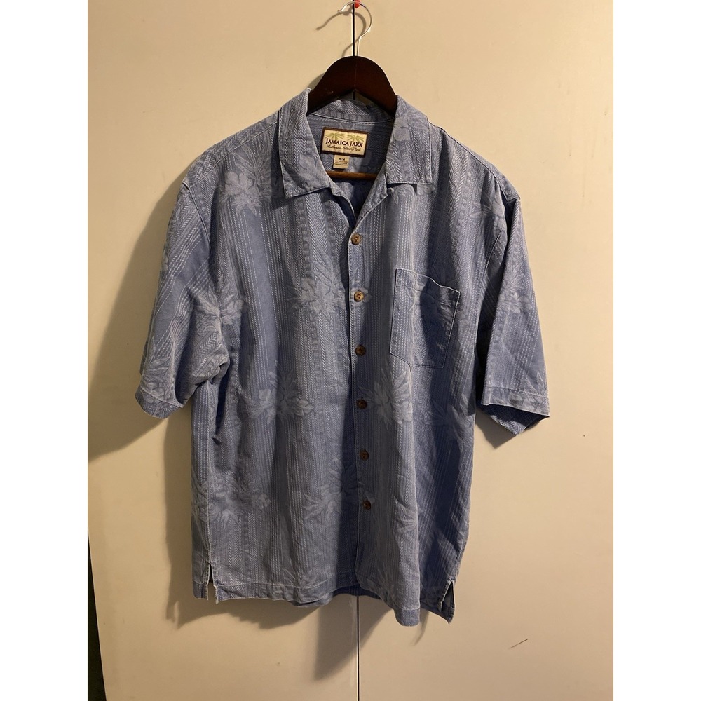 VTG Jamaica Jaxx Shirt Mens M Blue Silk Short Sleeve Hawaiian Floral Button Up